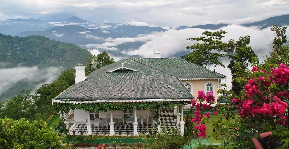 Glenburn Tea Estate planters' bungalow above tea gardens, Darjeeling